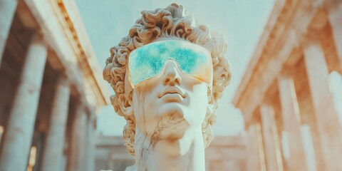 Aufkleber - Augmented Heritage Classical Marble Sculpture Reimagined with Futuristic AR Overlay - Immersive Cultural Technology Experience in Museum Innovation