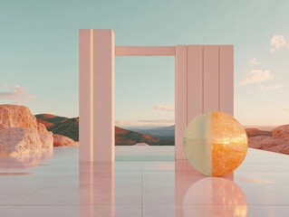 Poster - Transcendent Spatial Design Minimalist Architectural Portal Reveals Surreal Landscape with Geometric Sphere - Innovative Conceptual Visualization of Liminal Perspectives