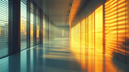Poster - A modern interior features sleek surfaces and warm sunlight casting stripes through blinds, creating a serene and inviting atmosphere.