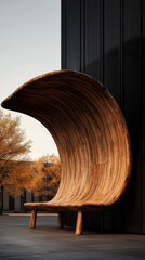 Aufkleber - Organic Biomimetic Design Curved Wooden Architectural Shelter - Minimalist Urban Wellness Sanctuary Blending Nature, Ergonomics, and Sustainable Public Space Innovation
