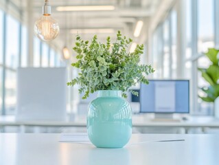 Poster - Minimalist Green Living Serene Turquoise Ceramic Vase with Lush Eucalyptus in Modern Workspace - Biophilic Design and Wellness Productivity Inspiration