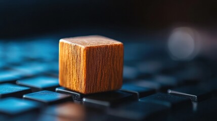 Poster - Digital Minimalism Meets Tactile Design Warm Wooden Cube on Sleek Keyboard - Mindful Workspace Innovation for Productivity and Creative Technology Interfaces