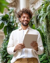Poster - Biophilic Fintech Innovator Sustainable Workspace Design with Millennial Tech Professional in Eco-Integrated Corporate Environment Showcasing Digital Mobility