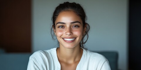 Poster - Inclusive Lifestyle Portrait Empowered Young Professional Radiating Authentic Confidence in Soft Minimalist Home Setting - Modern Wellness and Workplace Representation