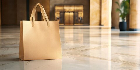Leinwandbilder - A stylish golden shopping bag resting on a polished marble floor, set in an elegant indoor environment with a modern aesthetic.