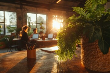 Aufkleber - Golden Hour Biophilic Workspace Sunlit Modern Office Design with Green Elements, Collaborative Productivity, and Eco-Conscious Professional Environment