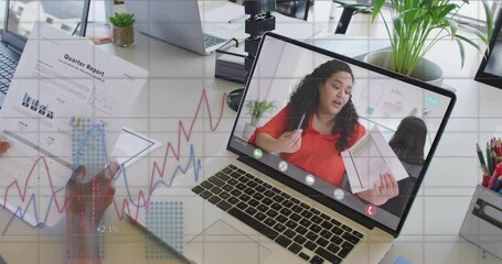 Poster - Businesswoman in virtual meeting over financial data charts and graphs animation