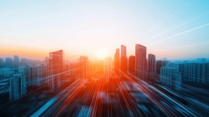 Poster - Future Horizons Cinematic Urban Renaissance - Blurred Motion Cityscape Revealing Technological Innovation and Metropolitan Transformative Potential at Golden Hour