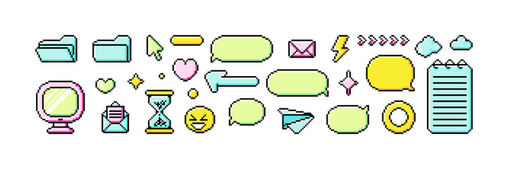 Fototapete - Set of pixel art dialogue box and retro game style elements. Speech bubbles in the mood of 90's aesthetics. Vector 8-bit pixelated style illustration