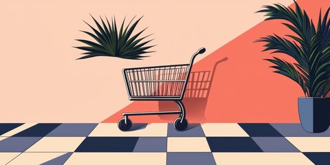 Poster - A minimalist illustration of a shopping cart beside decorative plants on a geometrically patterned floor, showcasing modern design elements.