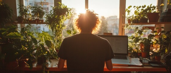 Fototapete - Biophilic Workspace Revolution Sunlit Remote Work Aesthetic with Lush Indoor Garden, Empowering Digital Nomad Productivity and Wellness-Focused Professional Design