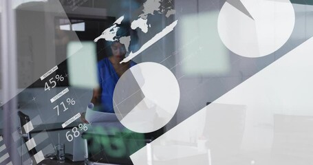 Poster - Organizing documents, businesswoman with global data processing animation in office
