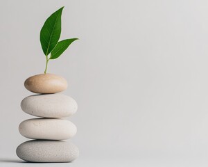 Aufkleber - Zen Minimalism Balanced Stone Stack with Vibrant Leaf - Mindful Wellness Branding for Holistic Health, Meditation, and Personal Growth Strategies