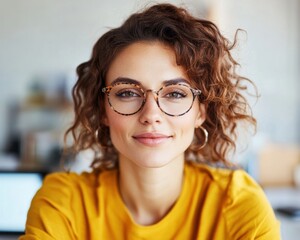 Poster - Empowered Millennial Professional Confident Gen Z Workplace Portrait with Authentic Curly Hair, Stylish Eyewear and Vibrant Yellow Aesthetic - Modern Career Confidence Visualization