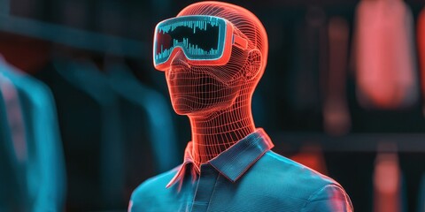 Poster - A digital mannequin wearing virtual reality glasses, showcasing a futuristic design with a vibrant color scheme and a modern aesthetic.