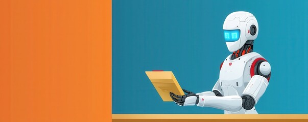 Fototapete - A futuristic robot holding a package, set against a colorful background, symbolizing advancements in technology and automation.