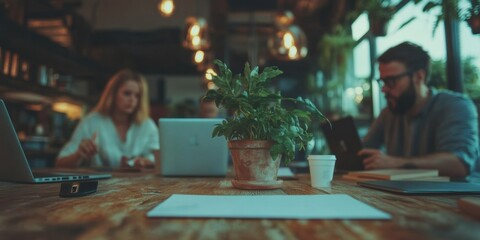 Aufkleber - Hybrid Workspace Collaboration Intimate Biophilic Co-Working Environment with Gen Z Professionals Driving Digital Innovation and Sustainable Design Trends
