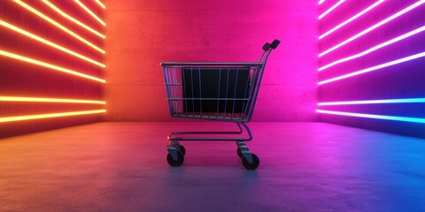 Aufkleber - A shopping cart illuminated by vibrant neon lights in a modern, abstract space, creating a striking visual contrast.