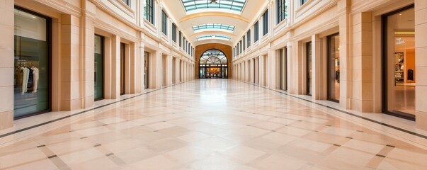 Aufkleber - A spacious, elegantly designed shopping corridor with large windows and polished flooring, showcasing retail storefronts on either side.