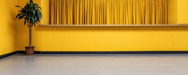 Poster - A vibrant yellow room features a wooden counter, lush plant, and textured curtains, creating a lively and inviting atmosphere.