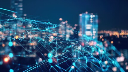 Poster - a futuristic cityscape with glowing network lines and nodes, showcasing technology and connectivity 