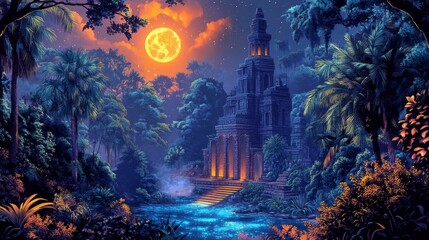Wall Mural - fantasy landscape with castle trees water and moon or sun in vibrant colors.