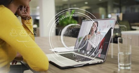 Poster - Video calling on laptop, person in yellow shirt with animation overlay