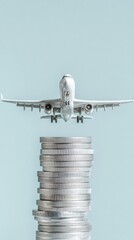 Poster - Minimalist Financial Travel Insights Metallic Airplane Hovering Above Stacked Silver Coins - Precision Budget Management for Digital Nomads and Global Entrepreneurs