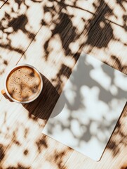 Fototapete - Minimalist Remote Work Aesthetic Soft Natural Light Workspace with Coffee and Digital Blank Screen - Freelance Productivity and Mindful Design Inspiration