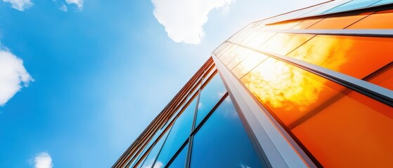 Aufkleber - Futuristic Urban Architecture Dynamic Glass Skyscraper Reflecting Sunlight with Innovative Design, Capturing Modern Architectural Vision and Technological Progression