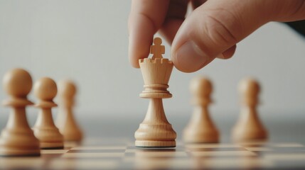 Poster - Hand making strategic move positioning white queen chess piece on checkered board during competitive game, demonstrating focus and skill in intellectual pursuit