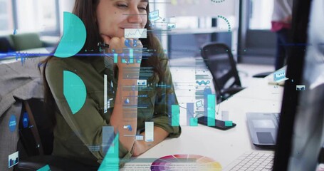Poster - At desk, woman analyzing digital data charts overlaying her workspace animation