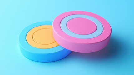 Poster - Colorful circular objects in shades of blue, pink, and yellow, resting on a light blue background, creating a vibrant, playful visual.