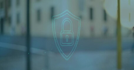 Poster - symbolizing cybersecurity, digital lock icon with animation over urban background
