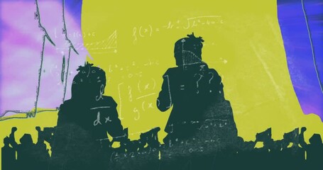 Poster - Animation of silhouetted figures with mathematical equations over colorful background