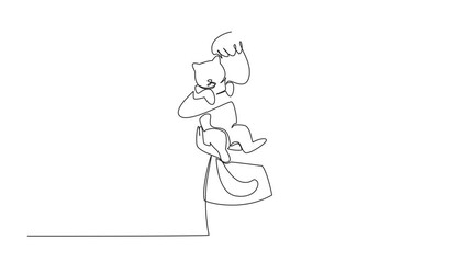 Poster - Animation of continuous one line drawing woman hugging and carrying her cat. Relieves fatigue. Play with the favorite cat. National Cat Lady Day. Single line self drawing animated. Full length motion