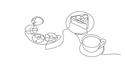 Poster - Animation of single one line drawing pineapple upside-down cake in round shape cut into small pieces. Enjoyment. Pineapple Upside-Down Cake. Continuous line self drawing animated. Full length motion