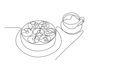 Poster - Self drawing animation of single continuous line drawing pineapple upside-down cake in round shape on plate. Complete dessert in a classic restaurant. Pineapple Upside-Down Cake. Full length animated