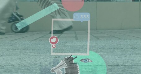 Poster - Social media icons and notifications animation over people walking on street