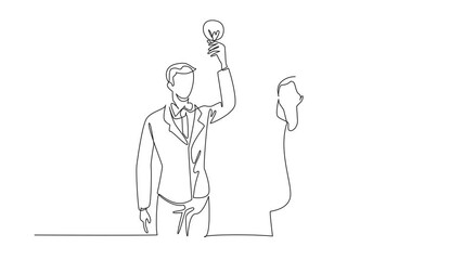Poster - Animated self drawing of continuous one line drawing a businessman and a businesswoman each hold up a light bulb. Creative ideas. World Creativity and Innovation Day. Full length single line animation