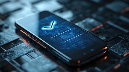 Poster - a sleek smartphone displays a digital checkmark on a textured surface, symbolizing technology and co