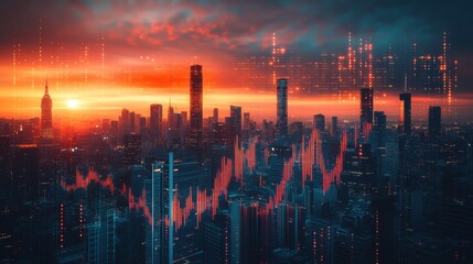 Poster - A vibrant city skyline at sunset, adorned with data visualizations, showcasing a blend of technology and urban life.