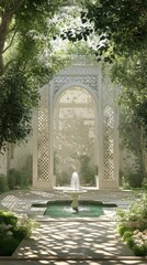 Wall Mural - stone archway and fountain in a lush green garden setting.