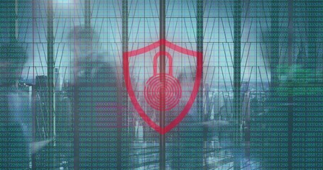 Poster - Digital security shield and lock animation over binary code and cityscape