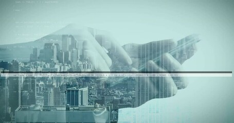 Poster - Typing on smartphone, hands interacting with animation over cityscape background