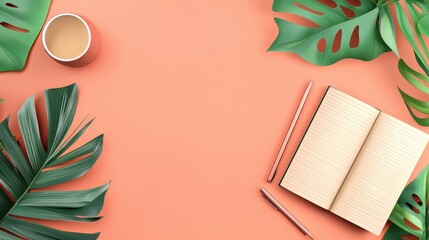Poster - A serene workspace featuring a notebook, pens, and a cup, surrounded by vibrant tropical leaves on a peach backdrop.