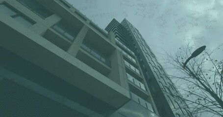 Poster - Mathematical equations overlaying sky, modern high-rise building in animation style