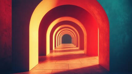 Poster - A vibrant corridor of arched openings bathed in warm colors, creating a visually striking perspective and an inviting atmosphere.
