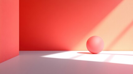 Poster - A minimalist scene featuring a pink sphere on a white surface, illuminated by soft light against coral-colored walls.