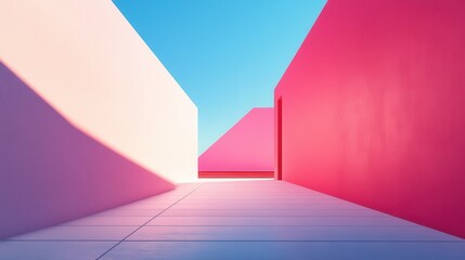 Poster - A vibrant, geometric corridor featuring pink and white walls under a clear blue sky, creating a striking visual contrast and inviting perspective.